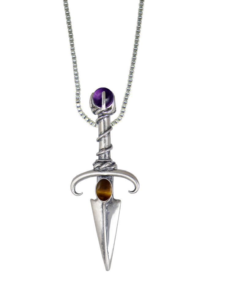 Sterling Silver Black Prince's Knife Dagger Pendant With Tiger Eye And Amethyst